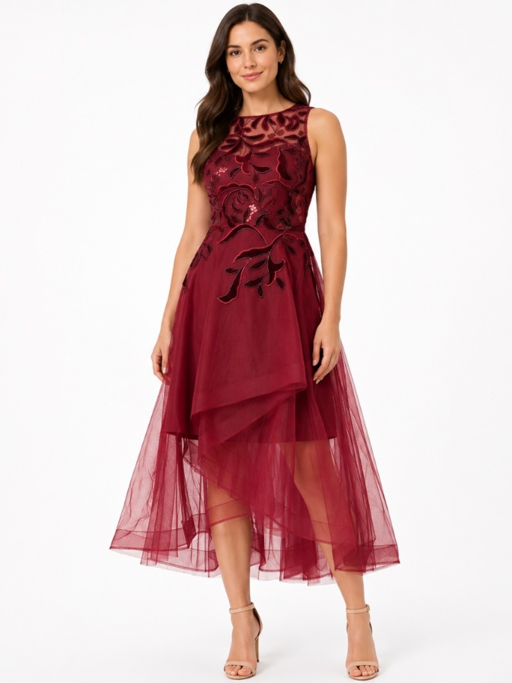 Adrianna Papell - Velvet Appliqué High-Low Tulle Dress